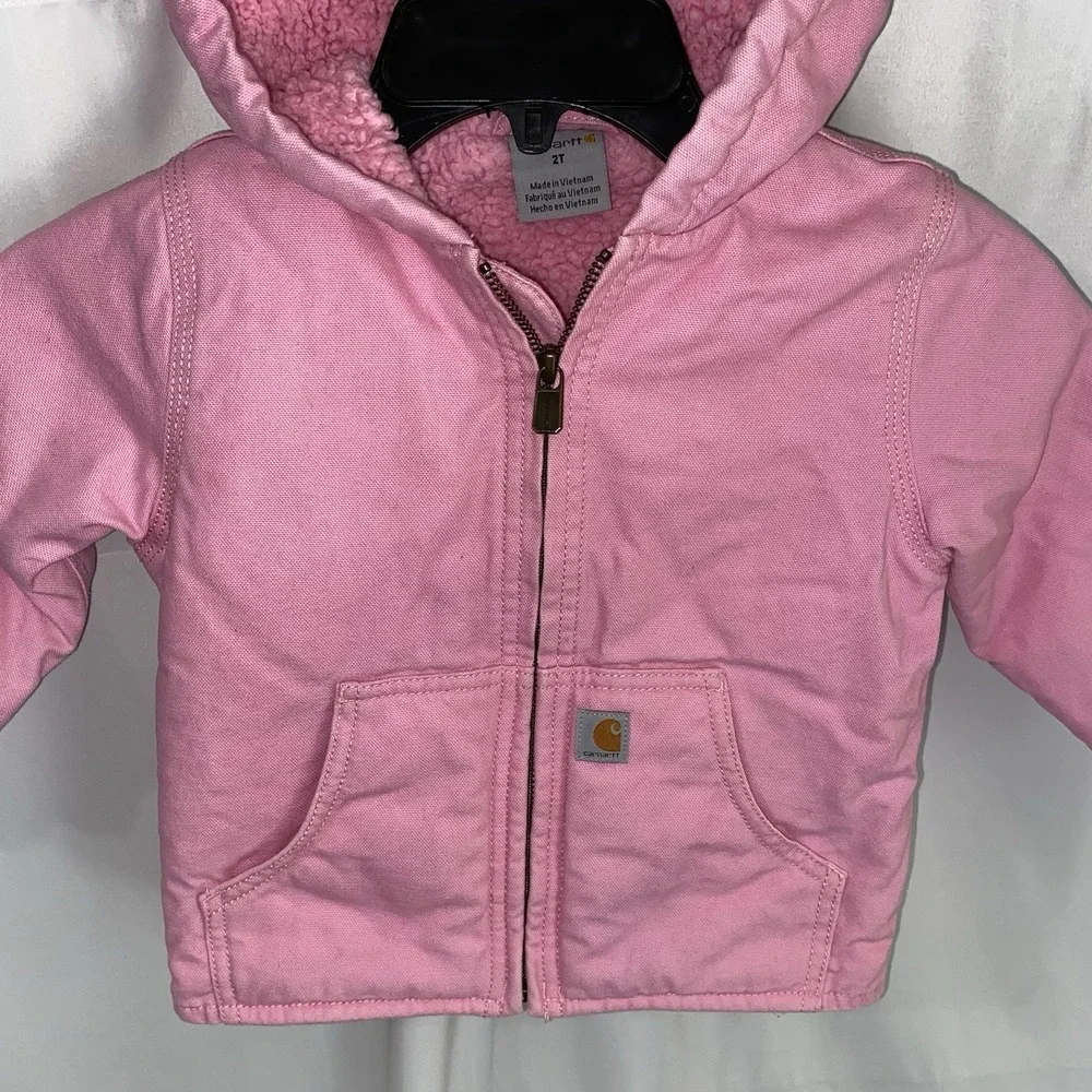 Carhartt Jacket Girls 2T Pink Hooded Canvas Sherpa Lined Full Zip